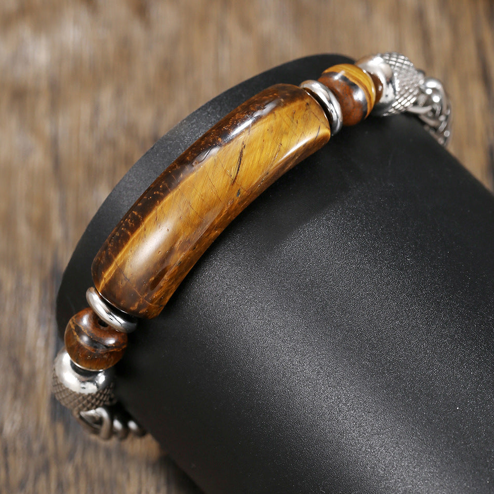 Geometric Stainless Steel Bracelet with Natural Agate and Turquoise Beads for Men and Women