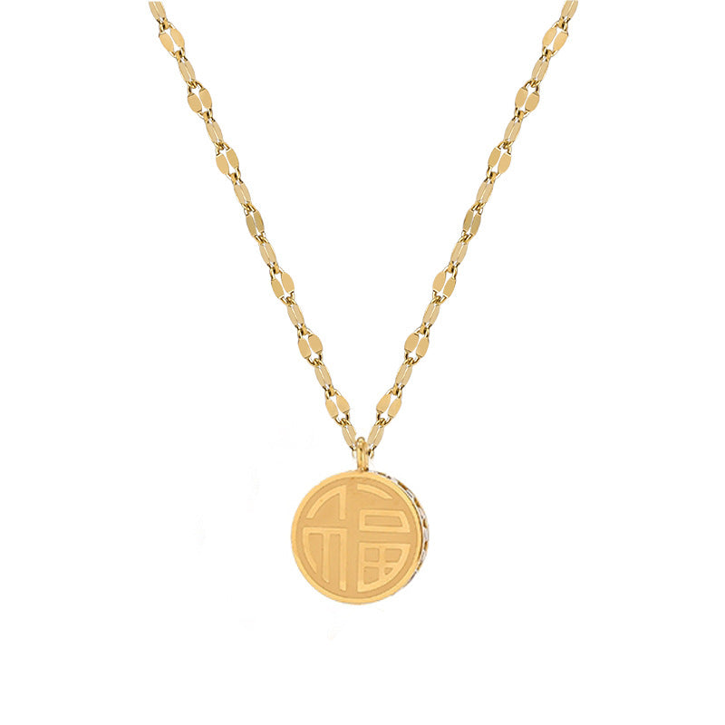 Titanium Steel Gold-Plated Double-Sided Feng Shui Pendant Necklace with Rhinestone Inlay for Women Locket Style Clavicle Chain