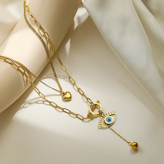 Collar con colgante de ojo turco geométrico minimalista para mujer de acero de titanio con diseño de capas a la moda
