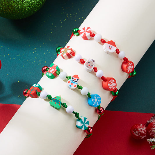 Fashionable Christmas-Themed Polymer Clay Bracelet for Women Featuring Santa Claus Snowman and Snowflake Charms Handmade for Holiday Gifting