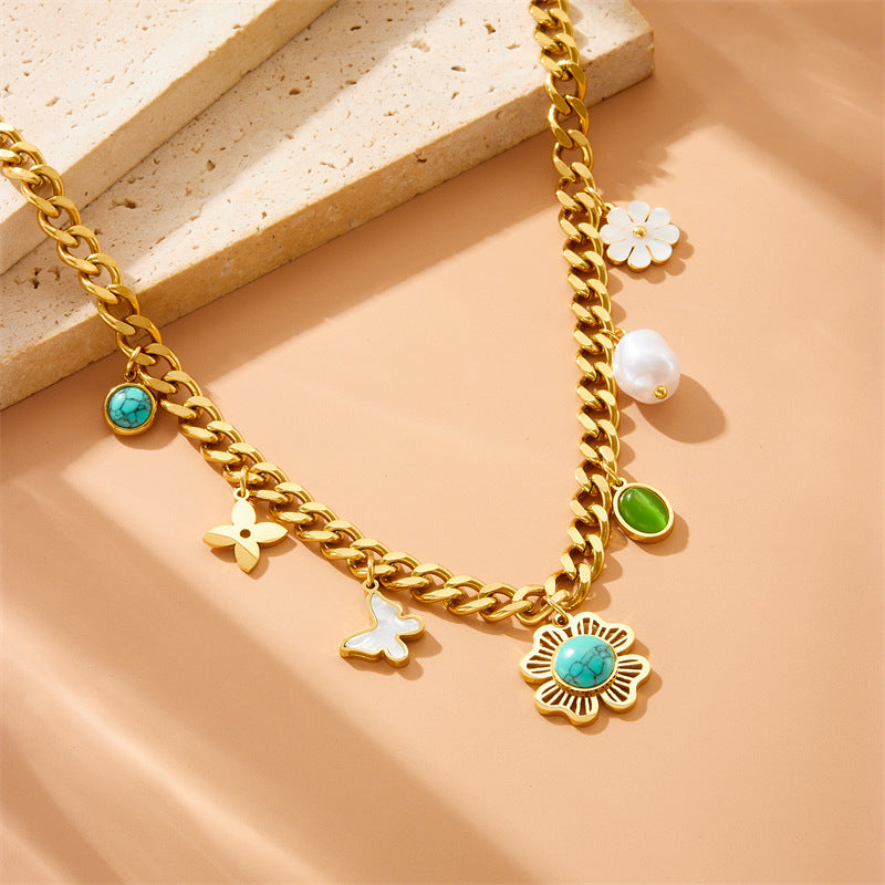 Fashion Colorful Drip Oil Flower Butterfly Eye Pendant Stainless Steel Cable Chain Necklace for Women