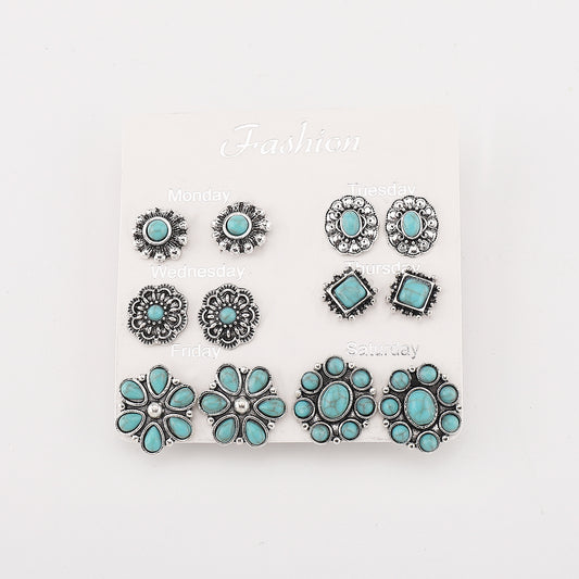 Pendientes Étnicos Vintage de Círculo Grande Geométrico Floral Turquesa con Incrustaciones y Acabado Chapado para Mujer