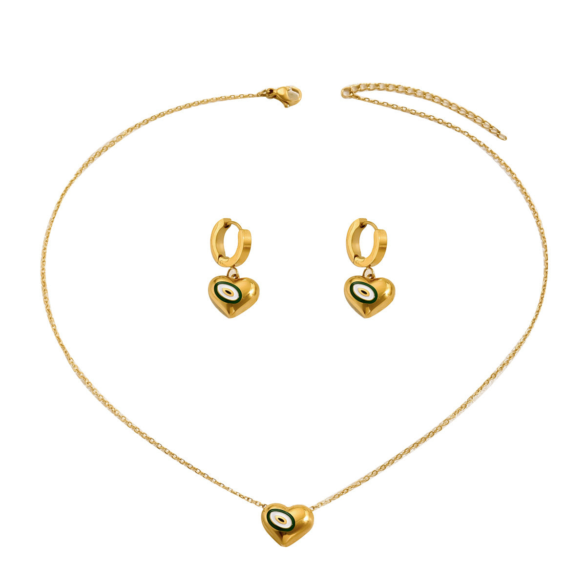 Elegante collar y aretes de cobre esmaltado con forma de corazón para mujer, juego de joyas de moda con colgante y pendientes de botón de estilo viajero