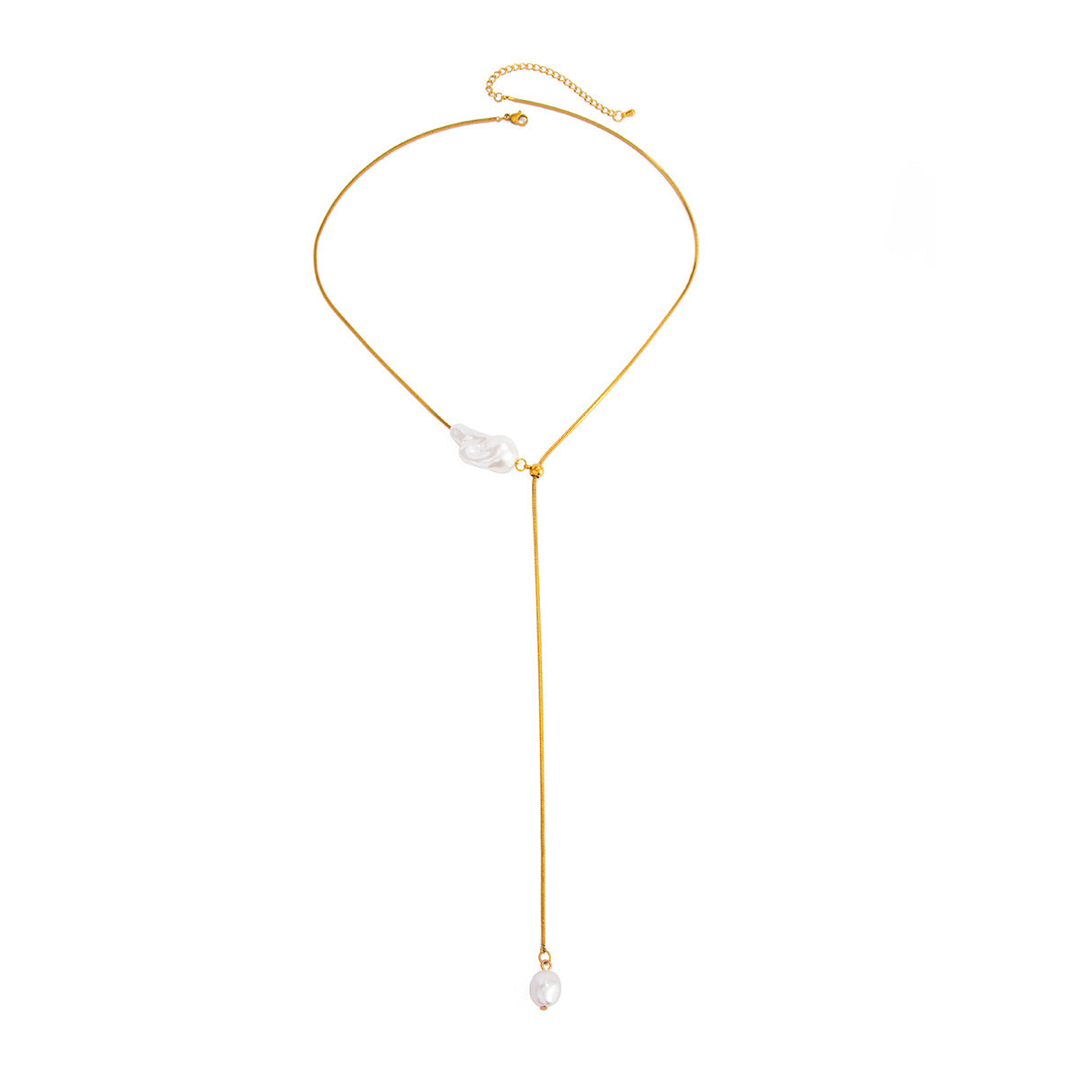 Minimalist Geometric Faux Pearl Y-Shape Stainless Steel Snake Chain Necklace for Women