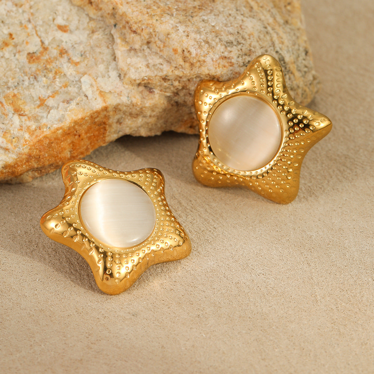 Pendientes y Anillo Minimalistas de Acero de Titanio con Forma de Estrella, Incrustación de Ojo de Gato, Joyería de Acero Inoxidable Galvanizado para Mujer