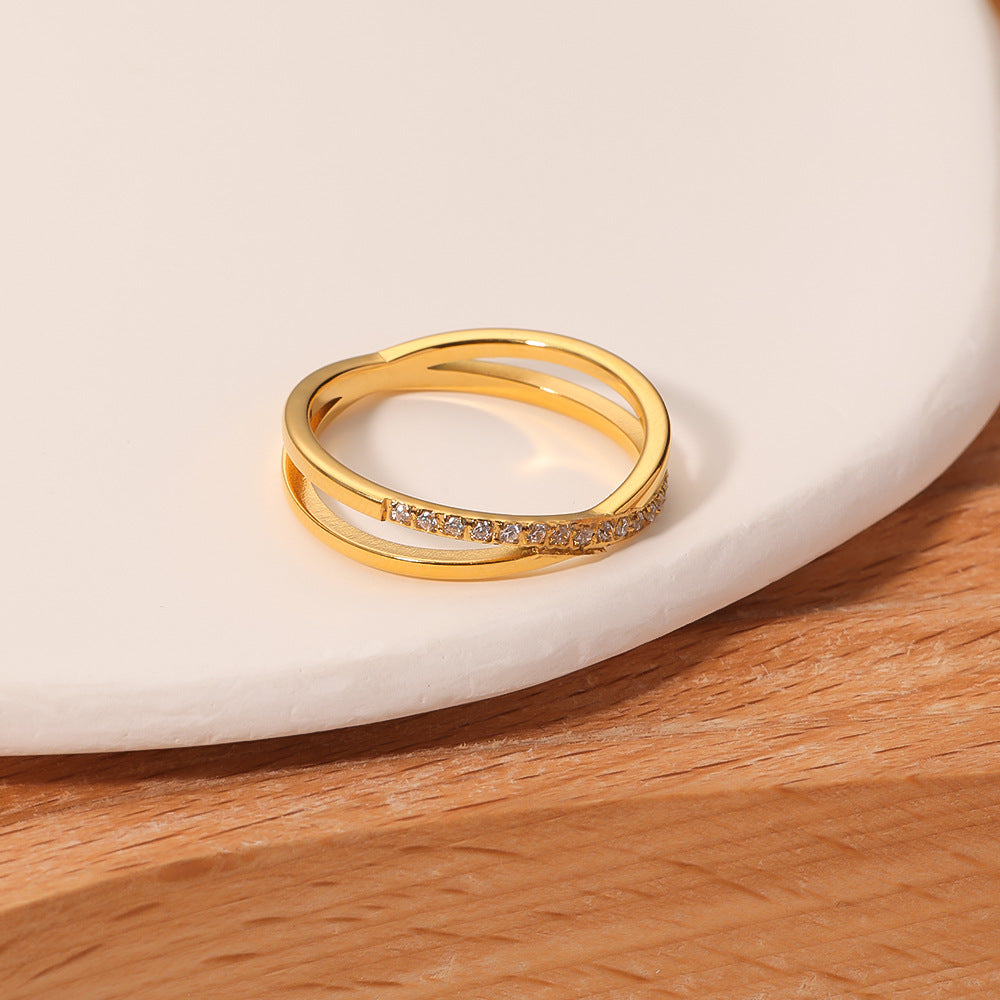 Minimalist Geometric Stainless Steel Ring with Micro-Pavé Zirconia, Thin Fashionable Band for Women