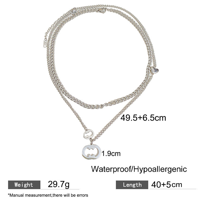 Streetwear Silver Plated Geometric Hollow Pendant Titanium Steel Double Layer Necklace