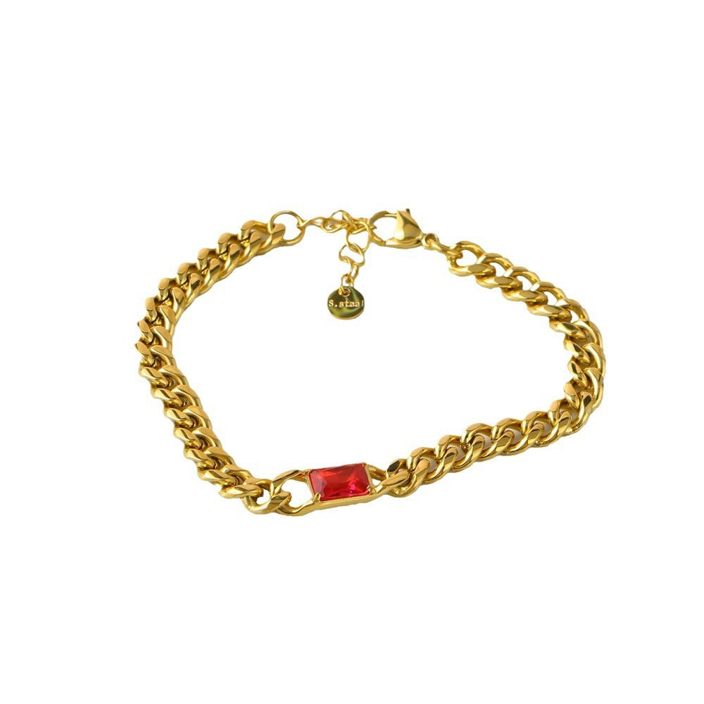 Fashionable Geometric Titanium Steel Bracelet for Women with Gold Plating and Rhinestone Inlay, Minimalist and Versatile Design