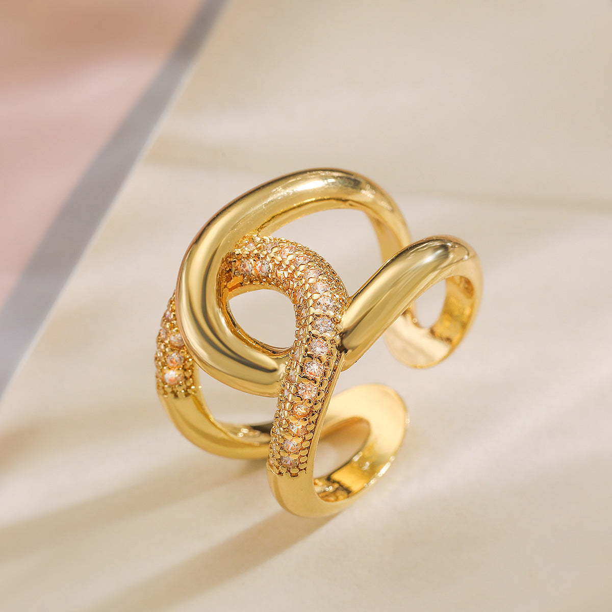 Minimalist Geometric Open Ring for Women in Copper with 18K Gold Plating and Micro-Paved Zirconia