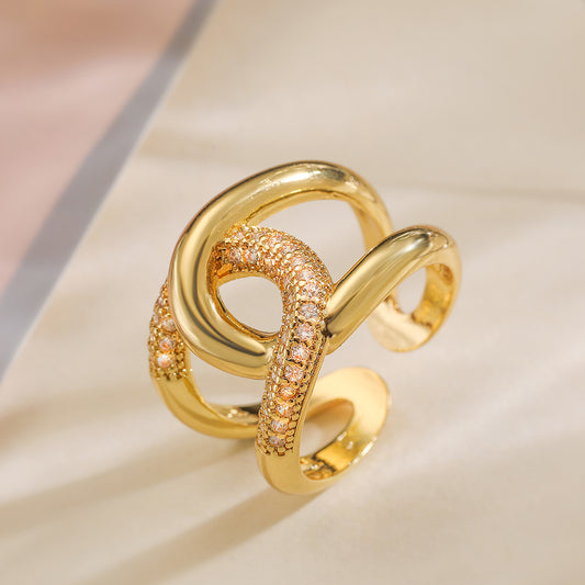 Minimalist Geometric Open Ring for Women in Copper with 18K Gold Plating and Micro-Paved Zirconia