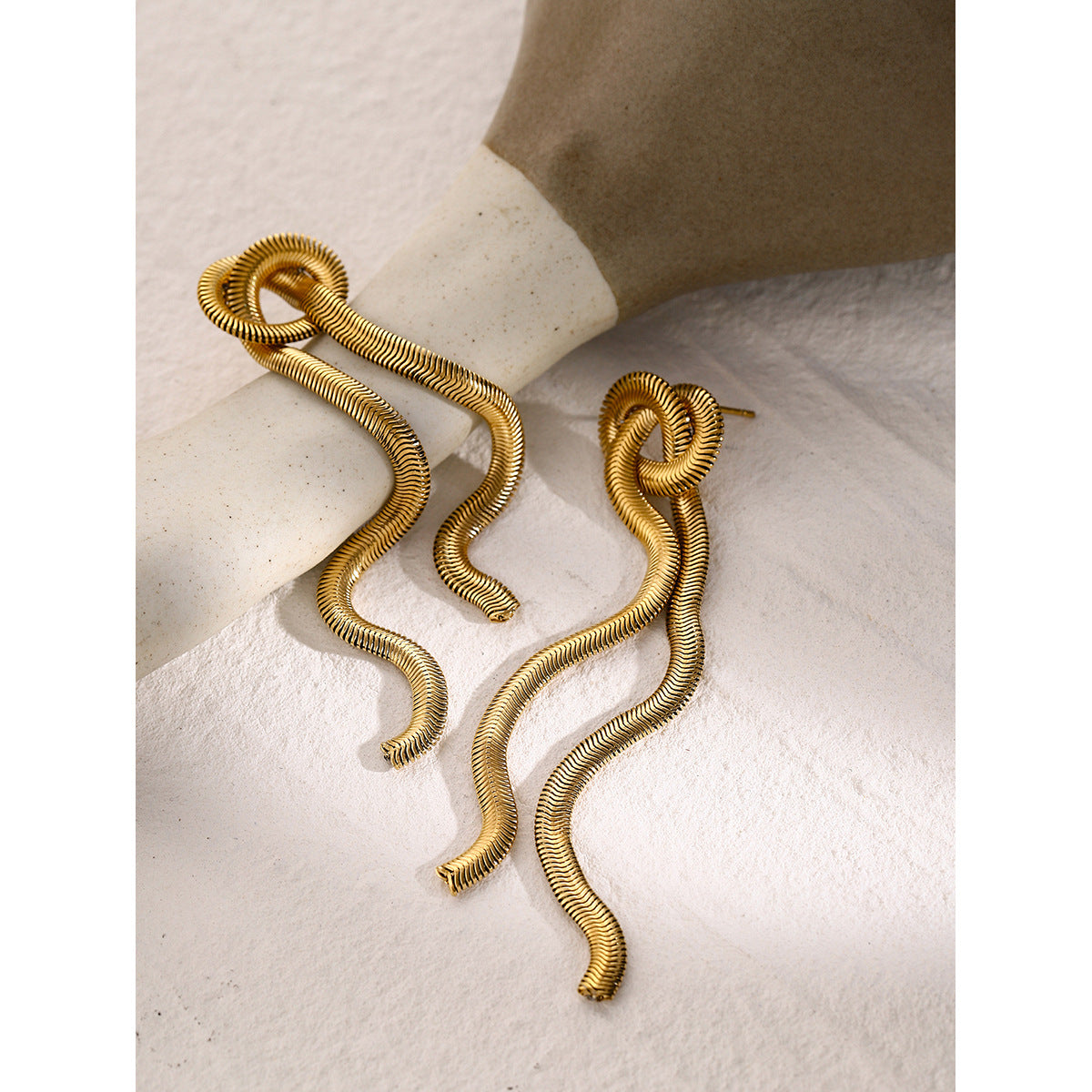 INS Style Irregular Tassel Earrings in Stainless Steel with Gold Plating and White Gold Tone Line Texture