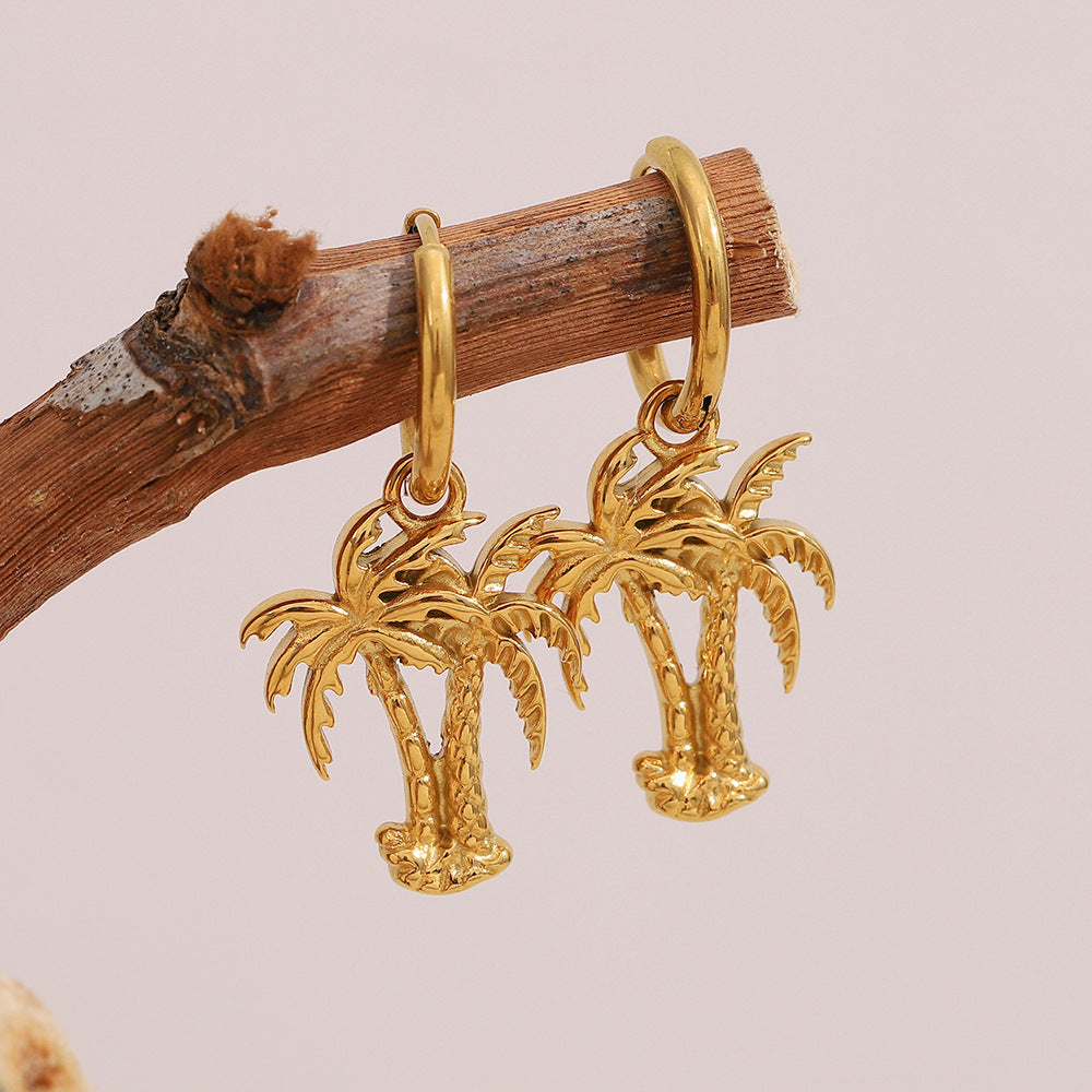 Fashionable OL Style Floral and Palm Tree Stud Earrings in Stainless Steel with 18K Gold Plating and Enamel Finish for Women