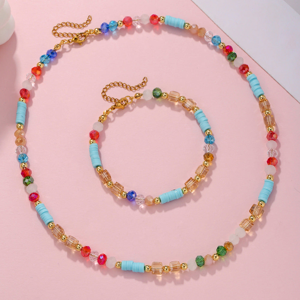 Bohemian Geometric Round Stainless Steel and Resin Beaded Necklace with Titanium Steel Pendant for Women