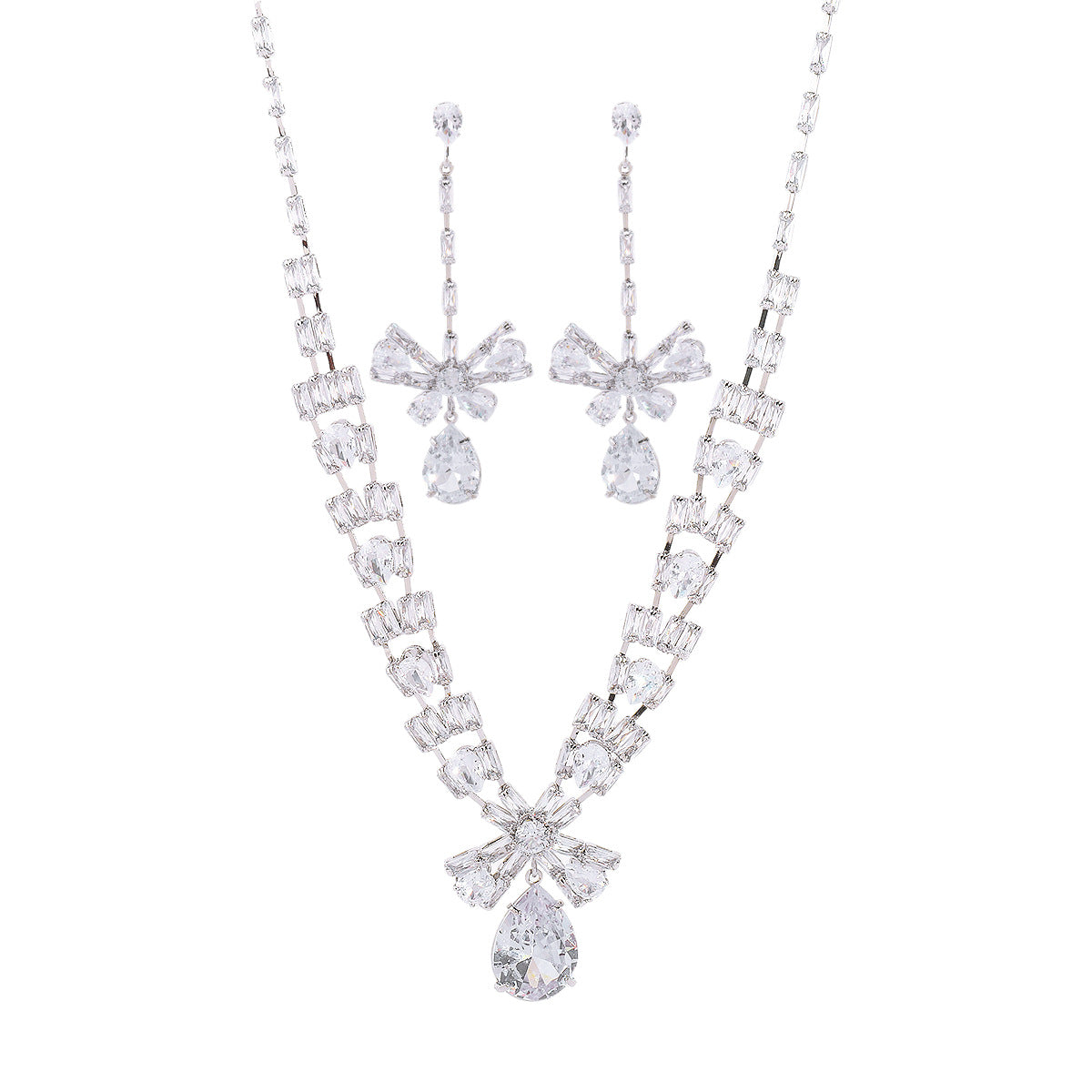 Set collana e orecchini in rame e zirconi geometrici ovali eleganti di alta gamma da donna