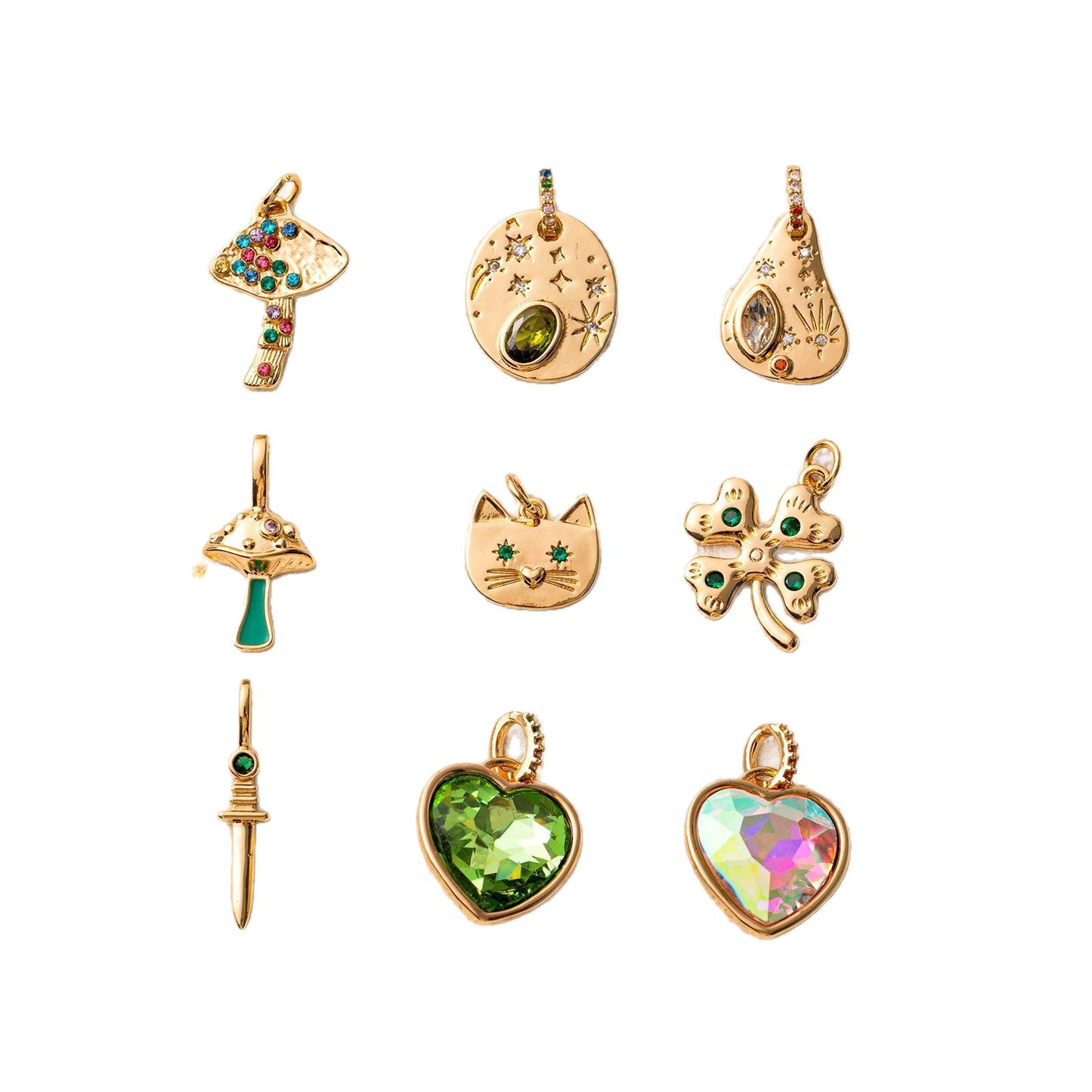 Minimalist Vintage Heart Cat Maple Leaf Cubic Zirconia Brass Plated Charm Bar