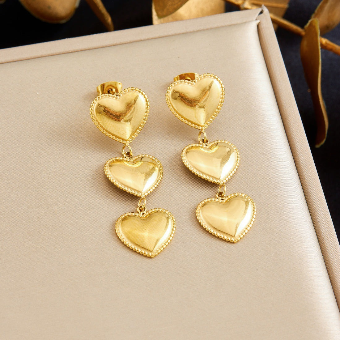 Gold Plated Heart Stainless Steel Long Dangle Earrings with Tassel