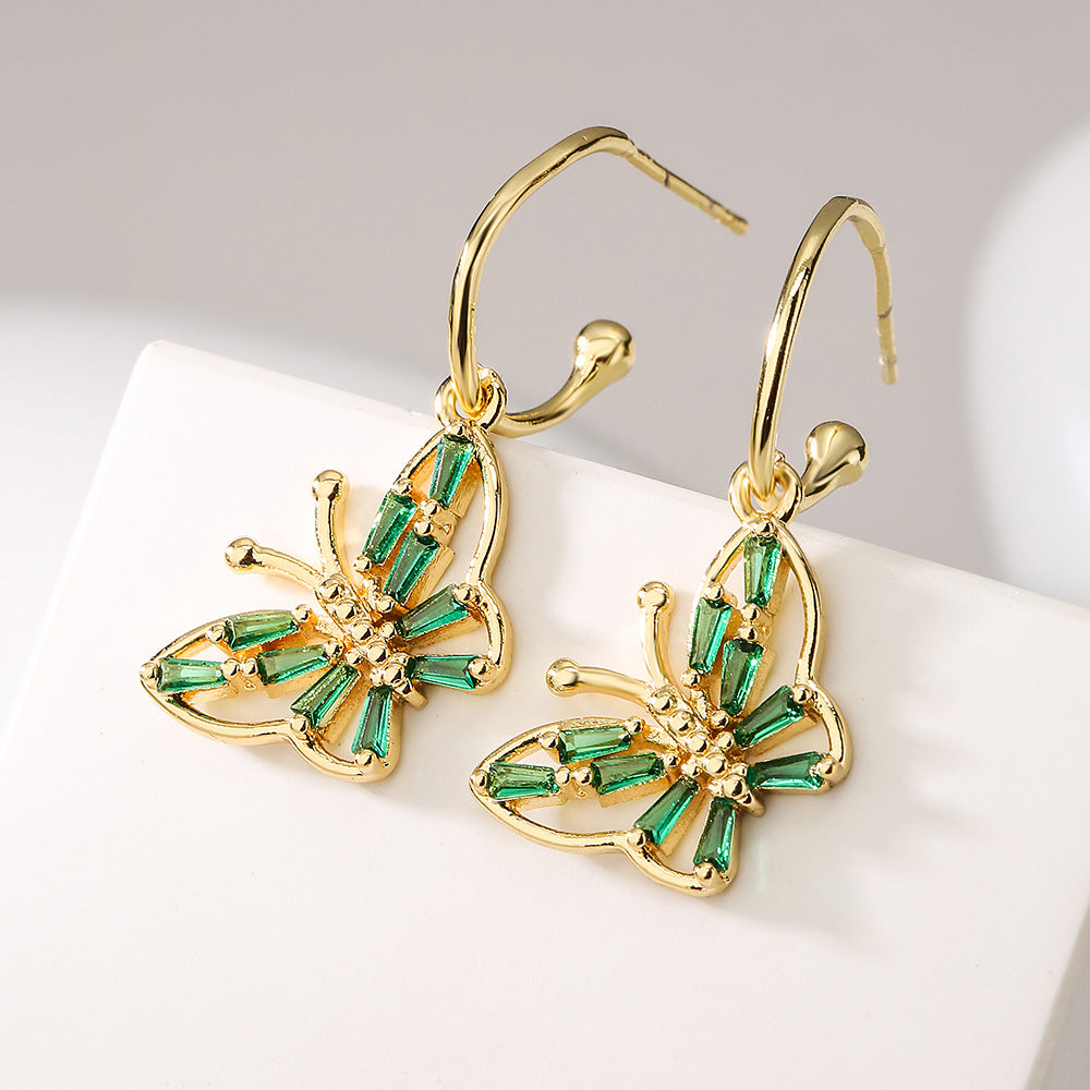 Eleganti Orecchini a Farfalla in Rame Stile Francese con Placcatura in Oro 18K e Intarsio di Zirconi da Donna
