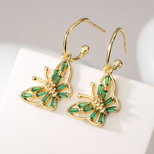 Eleganti Orecchini a Farfalla in Rame Stile Francese con Placcatura in Oro 18K e Intarsio di Zirconi da Donna