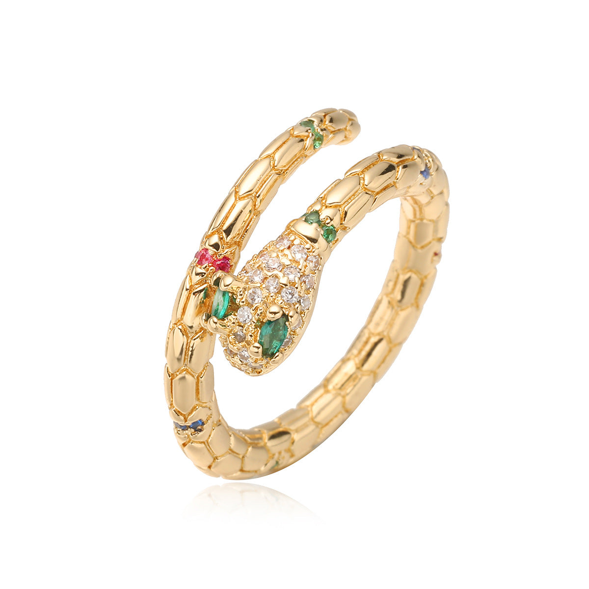 Anillo de cobre minimalista con forma de serpiente geométrica, chapado en oro de 18 quilates e incrustaciones de circonita para mujer