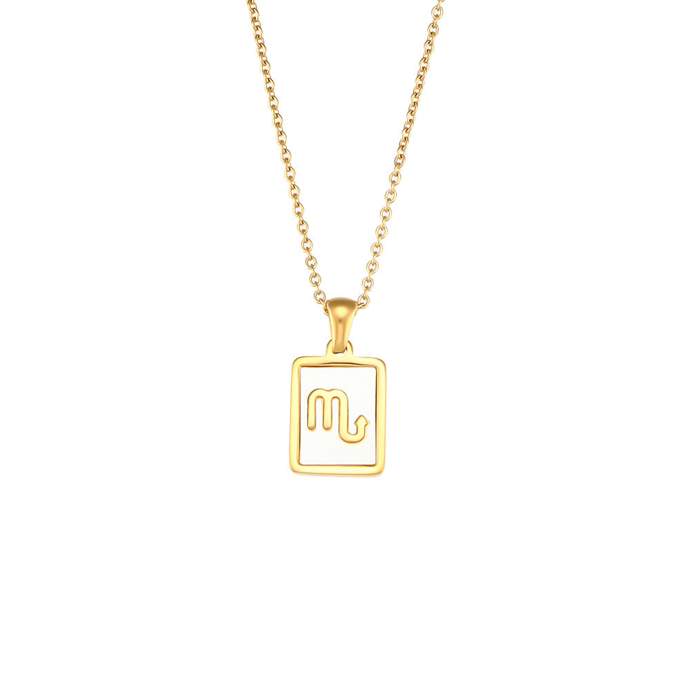 Collana con ciondolo segno zodiacale alla moda da donna con catena in acciaio inossidabile e intarsio in conchiglia naturale a forma di quadrato geometrico