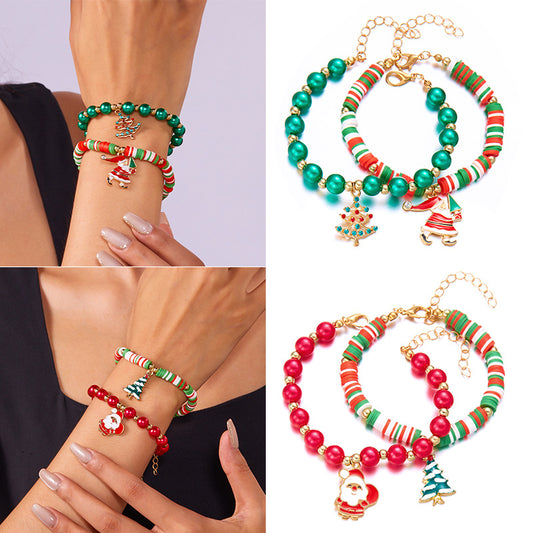 Handmade Christmas-Themed Charm Bracelet with Zinc Alloy Santa Claus and Tree Beads for Women