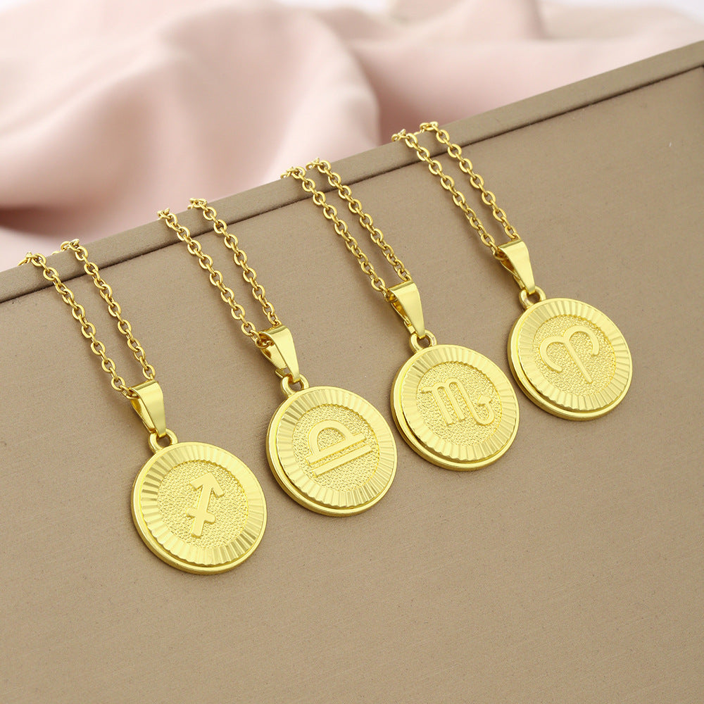 Collana Minimalista con Ciondolo Zodiacale in Acciaio Inox e Charm in Rame Placcato su Catena a O per Donna e Uomo