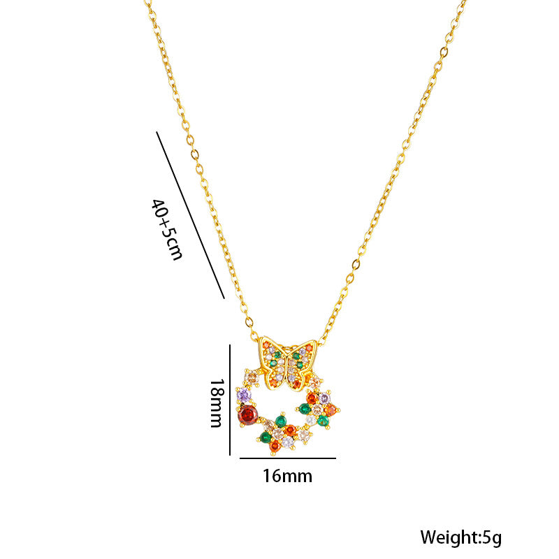 Minimalist Butterfly Bowknot Pendant Necklace in Titanium Steel with Rhinestone Inlay on O-Chain for Women