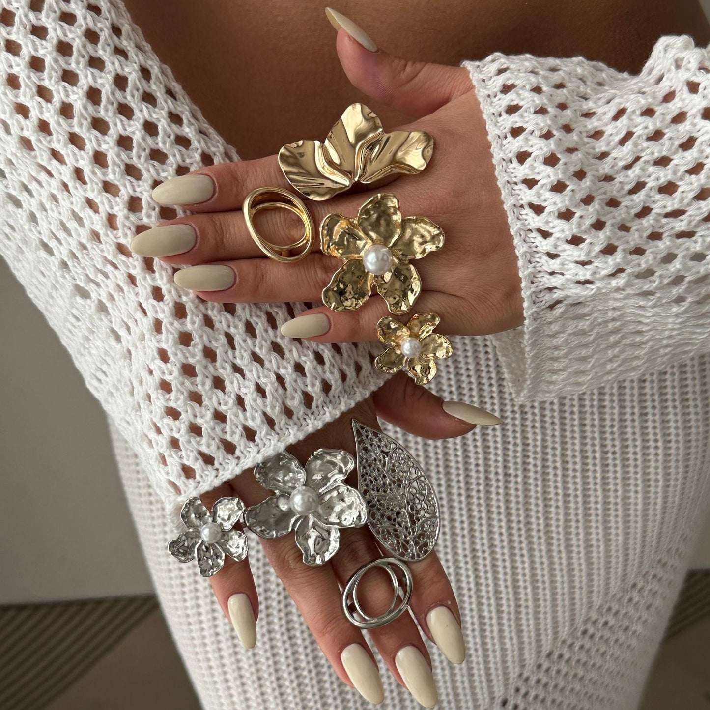 Set di Anelli da Donna con Fiori Geometrici in Lega Placcata, alla Moda