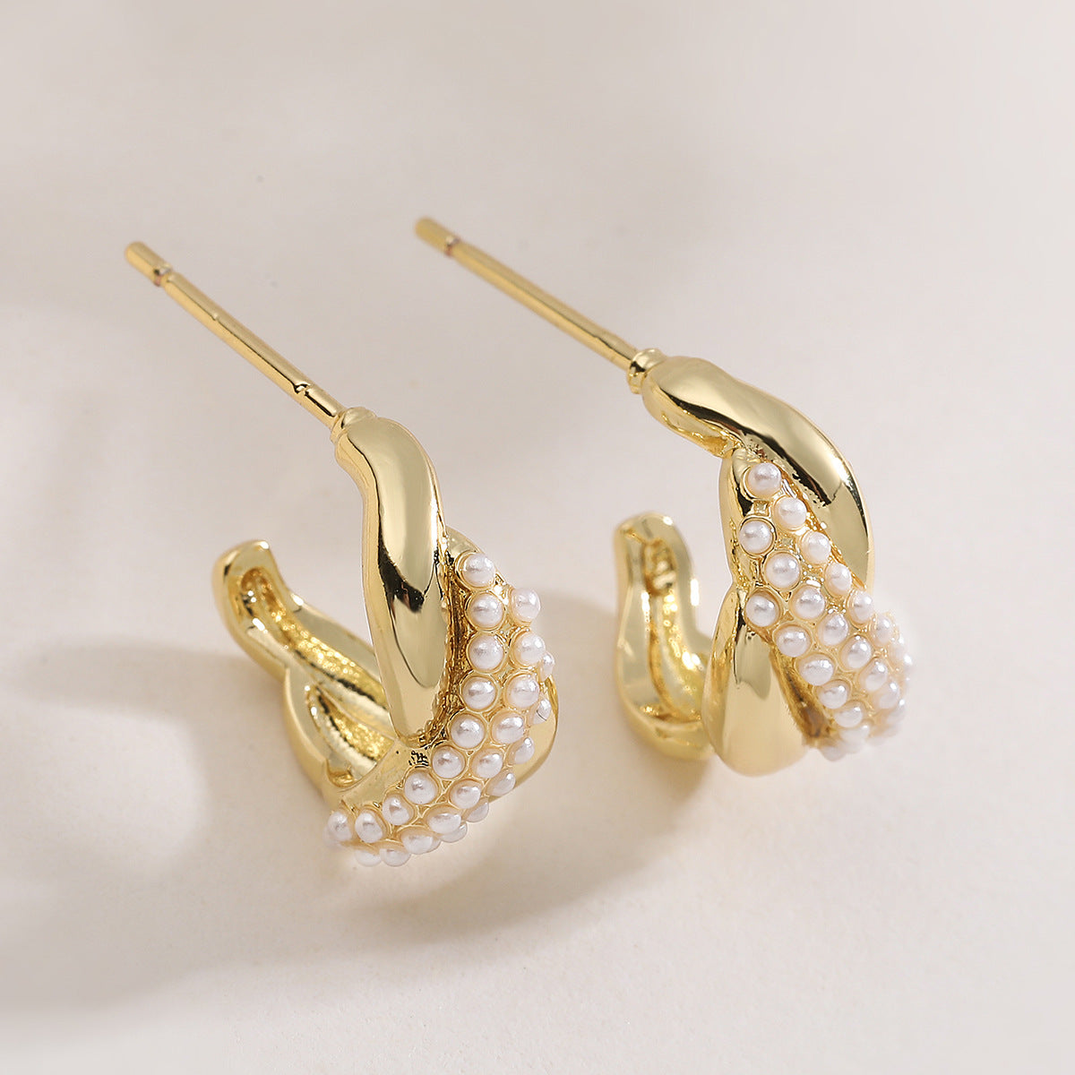 Minimalist Geometric Brass Gold Plated Pearl Stud Earrings with Abstract Design for Women