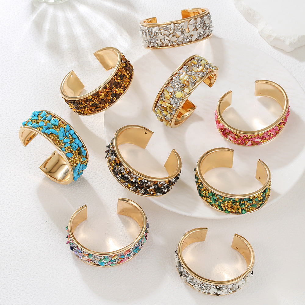 Exaggerated Geometric Round Rhinestone Inlay Plated Alloy Open Cuff Bracelet