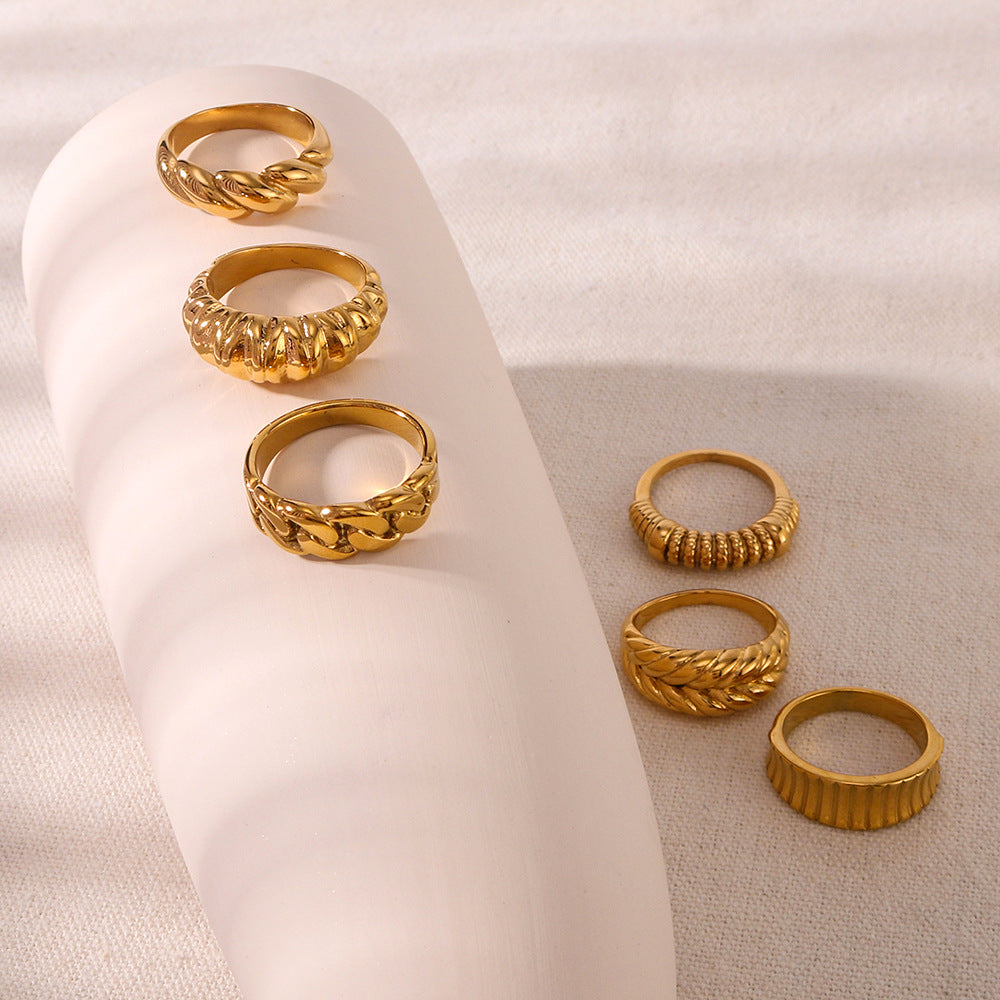 Vintage INS Style Geometric Textured Wrinkled Stainless Steel Ring with 18K Gold Plating for Women
