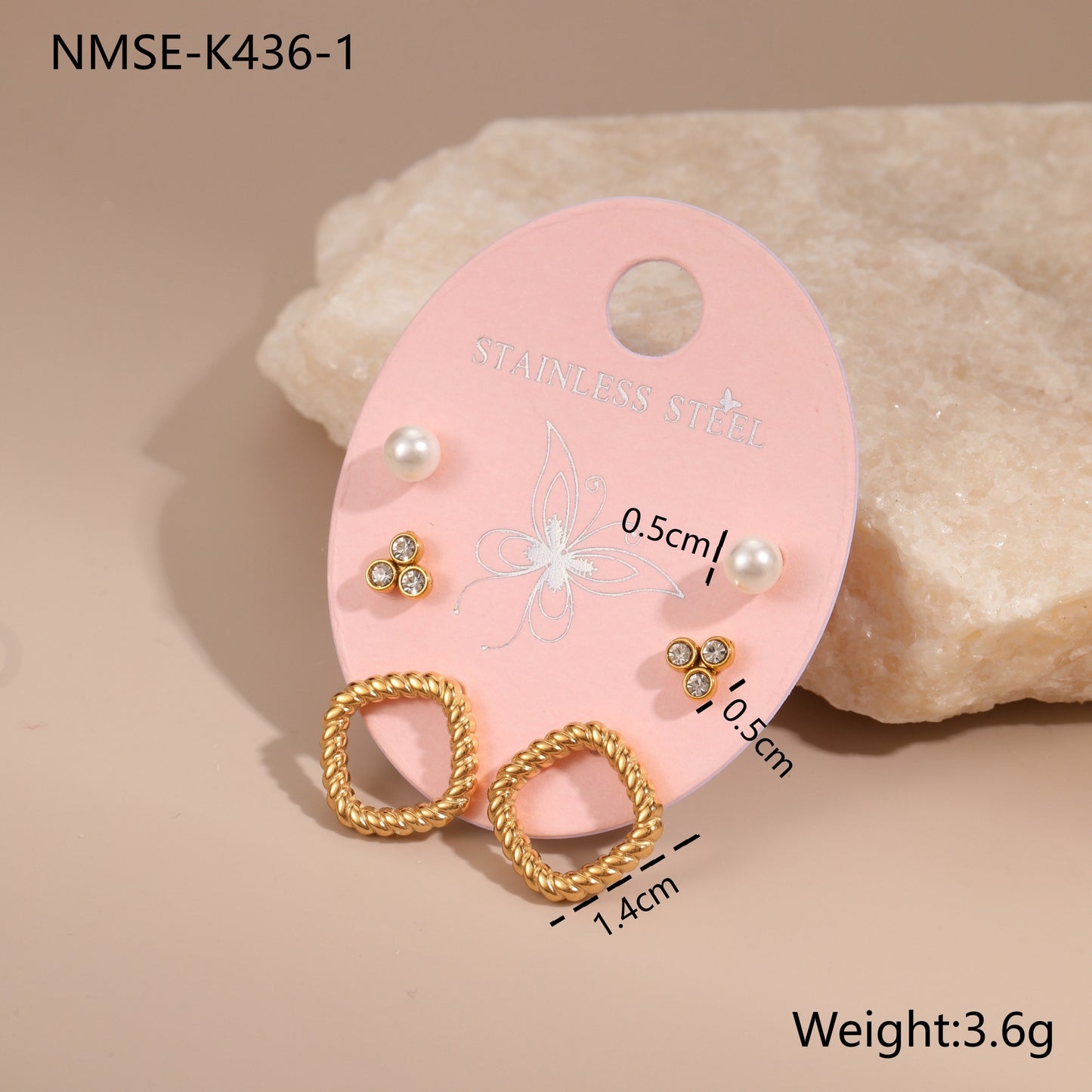 Orecchini a perno geometrici in acciaio inossidabile da donna, set da tre con intarsi di strass
