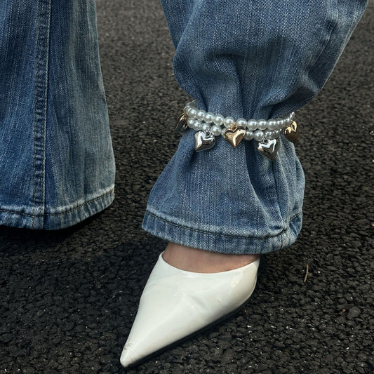 Tobillera con perlas de imitación y diseño de corazón con lazo para mujer