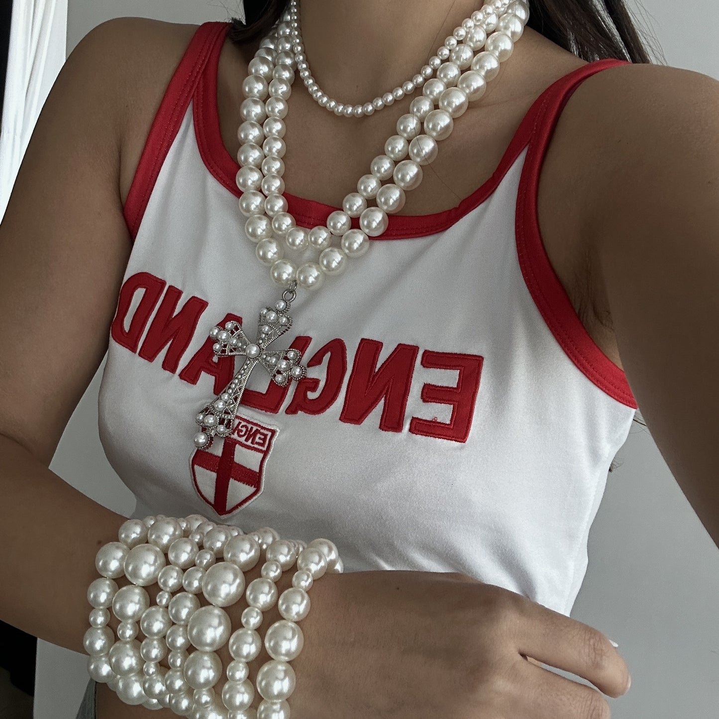 Punk Geometric Cross Hollow Multi-Layer Alloy Necklace Set with Imitation Pearls for Women