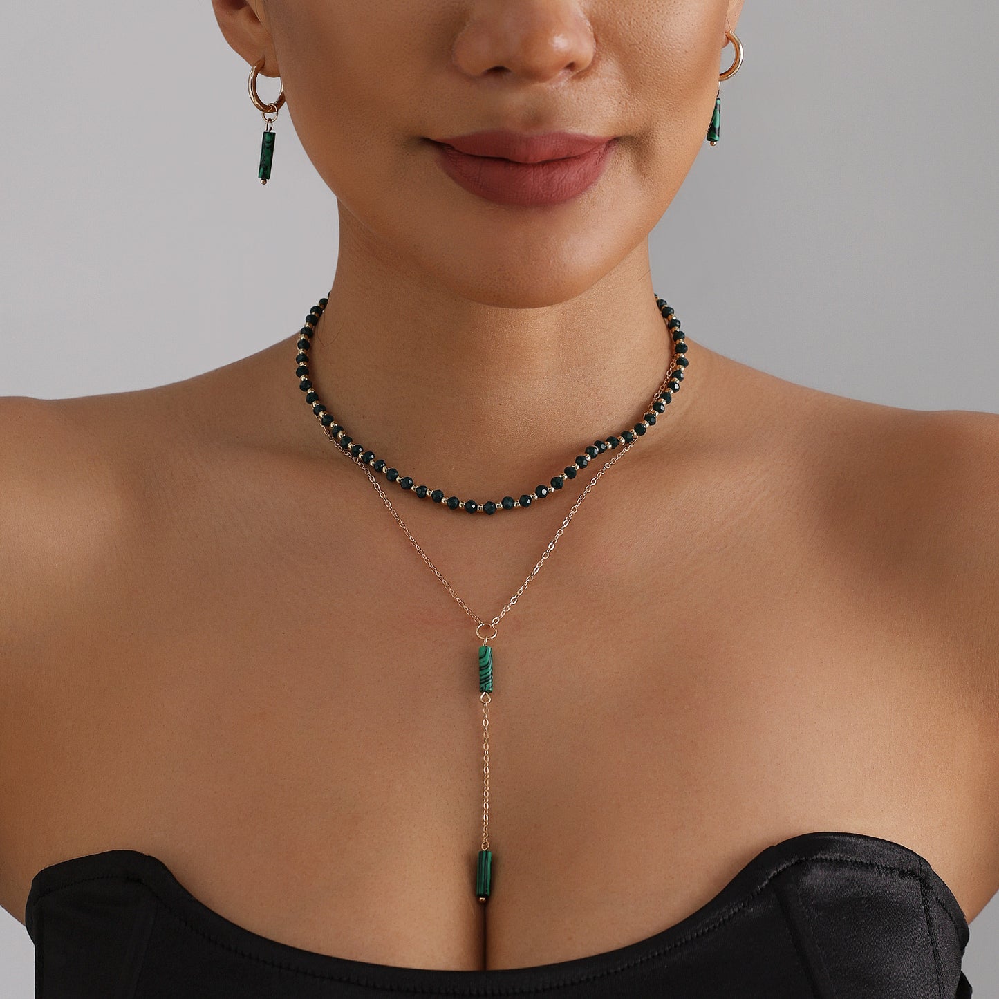 Dark Green Geometric Beaded Y-Necklace Alloy Plated Women's Fashion Jewelry