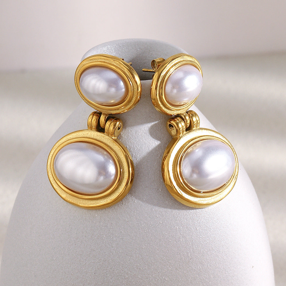 Orecchini da donna geometrici minimalisti in acciaio inossidabile con placcatura in oro 18 carati e perle simulate