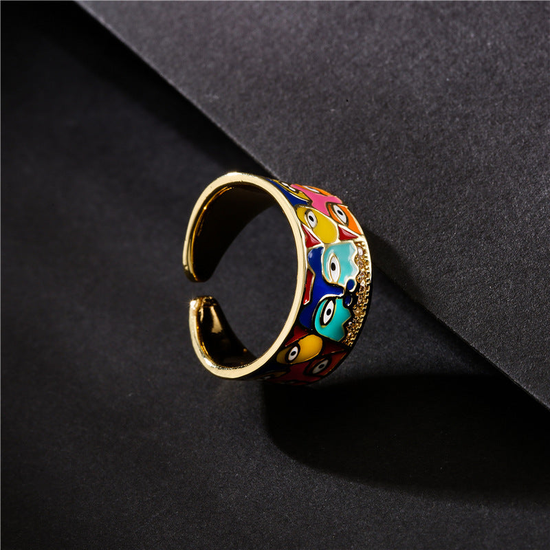 Casual Geometric Drip Oil Brass Ring with Cubic Zirconia for Women
