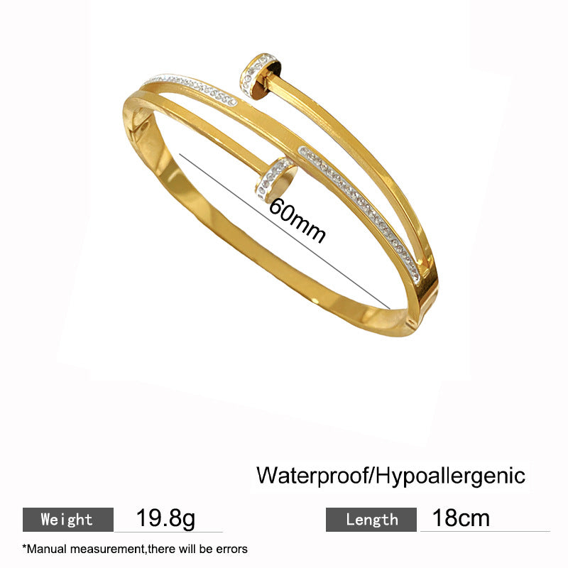 Minimalist Luxury Gold Plated Geometric Roman Number Cubic Zirconia Inlay Stainless Steel Cuff Bracelet for Women
