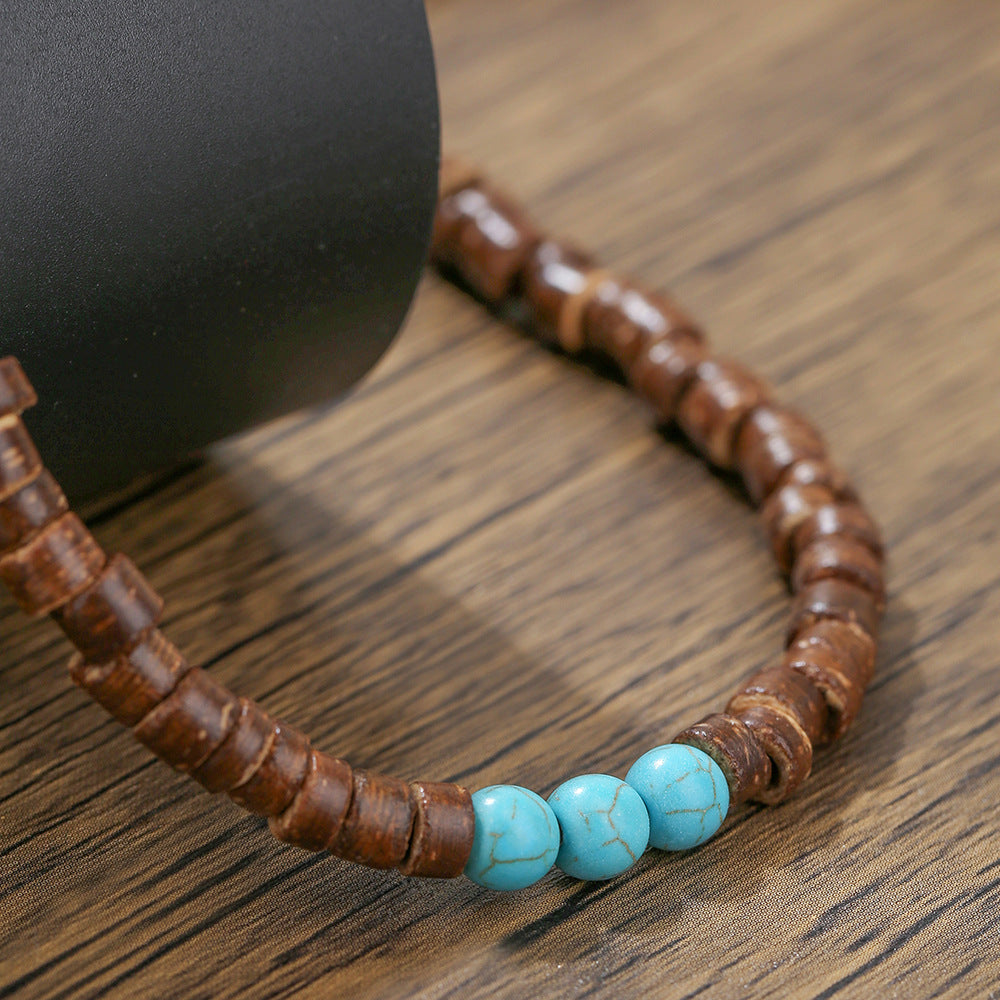 Vintage Bohemian Ethnic Geometric Wood Bead Turquoise Stainless Steel Ball Chain Necklace for Unisex