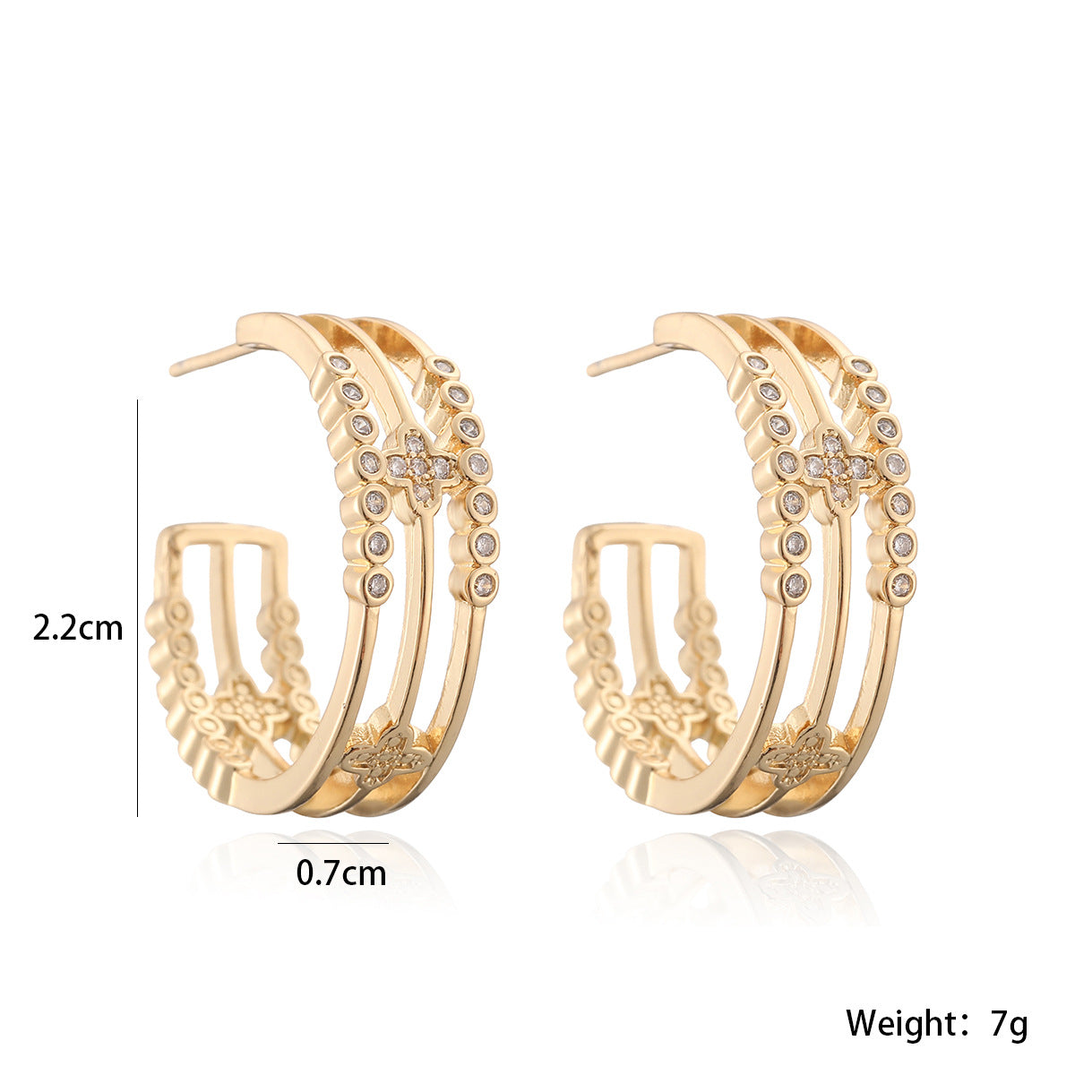 Vintage 18K Gold Plated Geometric Brass Hoop Earrings with Cubic Zirconia for Women