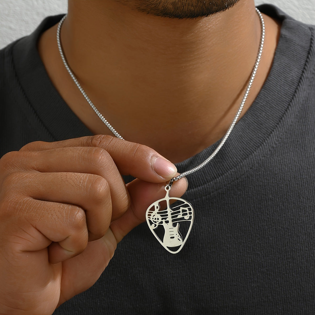 Minimalist Geometric Guitar Pick Pendant Necklace in Stainless Steel and Titanium Steel with Polished Finish Unisex Jewelry