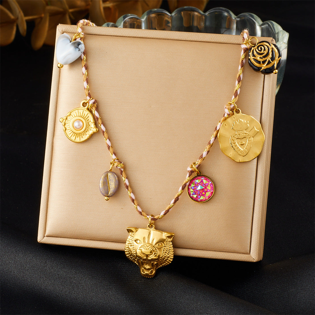 Bohemian Vintage Gold Plated Stainless Steel Rope Chain Floral Pendant Jewelry Set