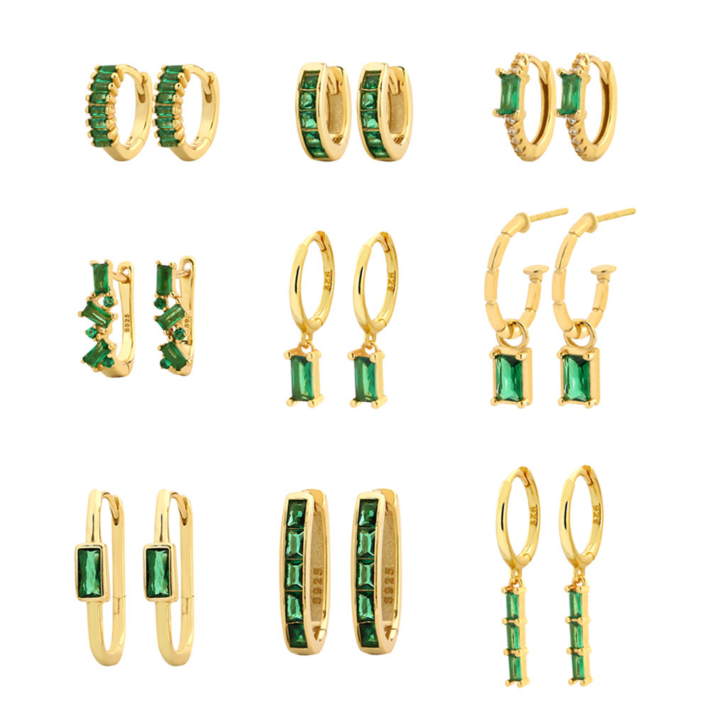 Pendientes de botón geométricos minimalistas de plata de ley 925 con esmeraldas y diamantes de imitación para mujer