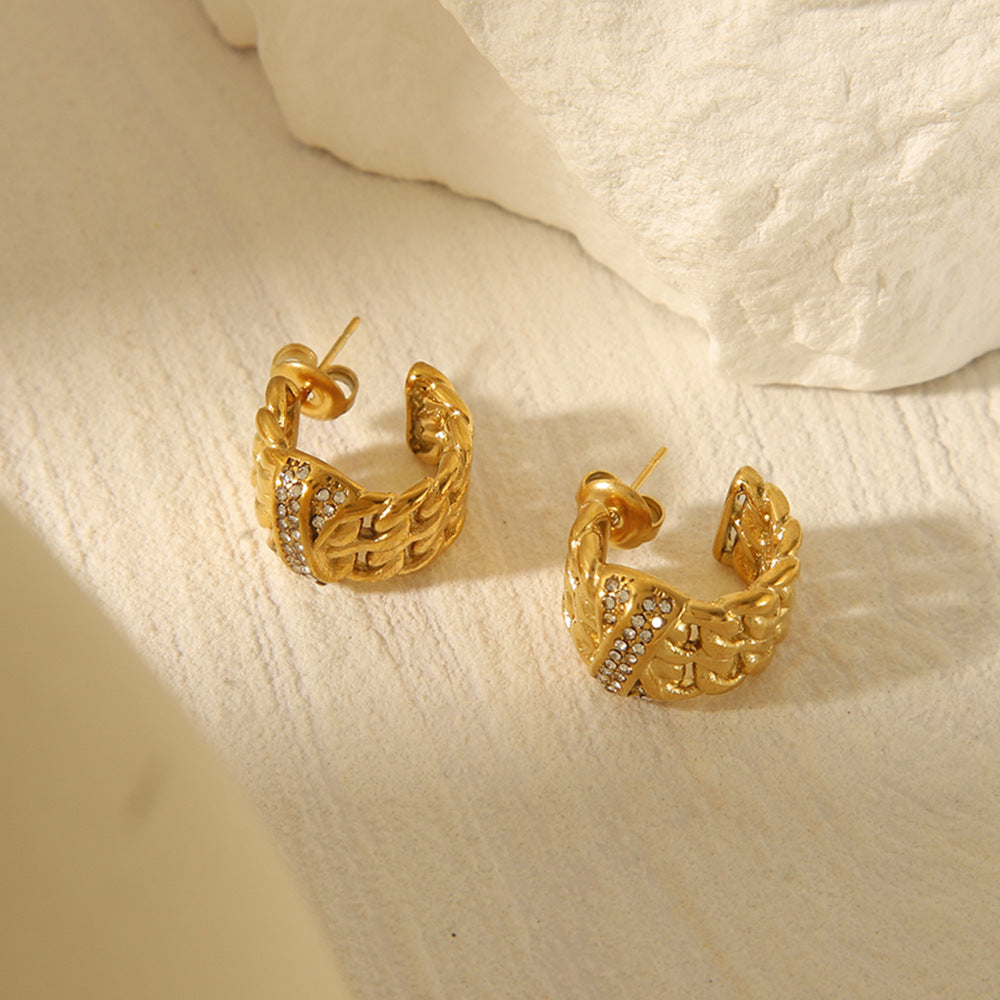 Pendientes de Mujer de Acero Inoxidable Bañados en Oro de 18K con Forma de C, Diseño Geométrico, Cadena de Múltiples Capas y Diamantes de Imitación, Estilo Ins
