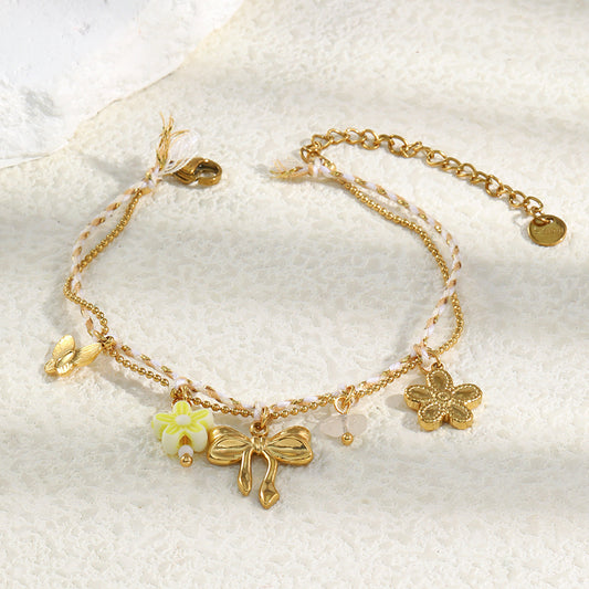 Pulsera de Cadena de Cuentas de Cuerda Minimalista Casual de Acero Inoxidable con Baño de Oro Blanco de 18K para Mujer