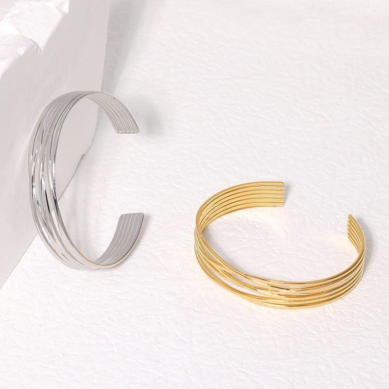 Pulsera geométrica minimalista de acero inoxidable con apertura ajustable para mujer, galvanizada y resistente a la decoloración