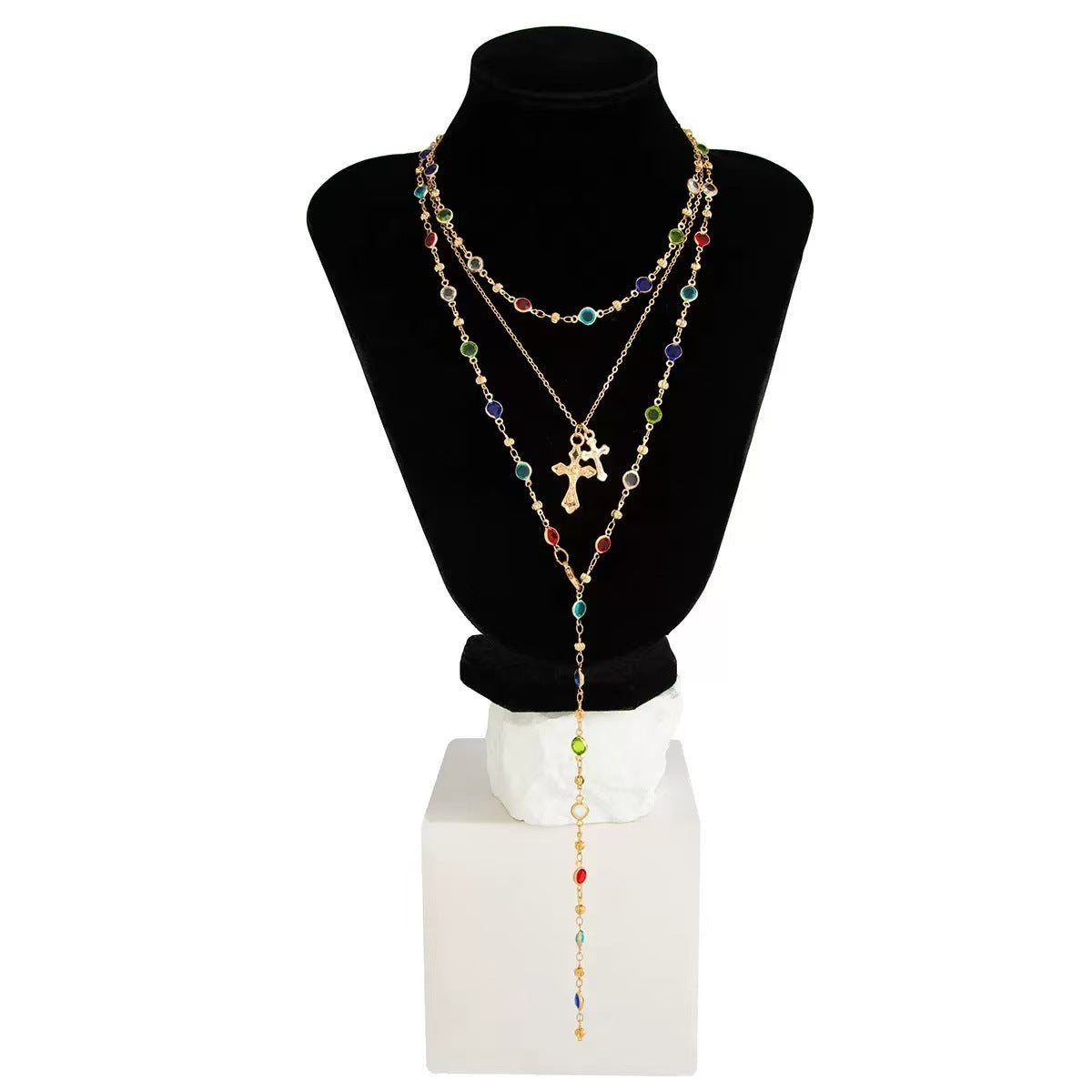 Collana da donna casual colorata a doppio strato con pendente geometrico a croce e nappa a Y