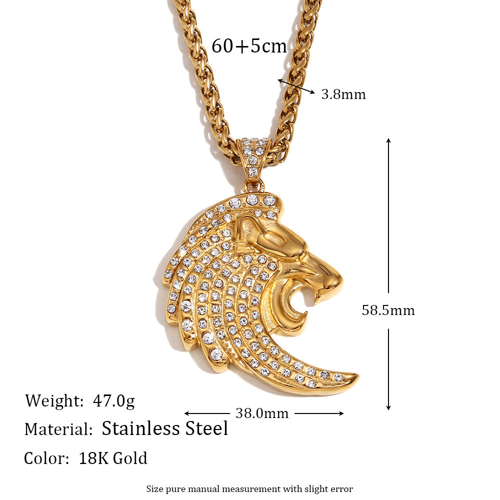 Hip Hop Style Lion Pendant Necklace for Men Stainless Steel with 18K Gold Plating and Full Rhinestone Accents on Standard Chain