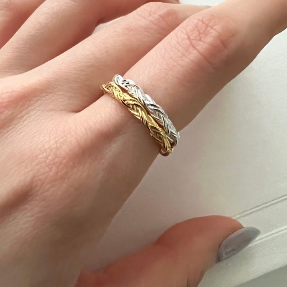 Minimalist Geometric Braided Silver Ring for Women Handmade S925 Sterling Silver Band with Mesh Texture