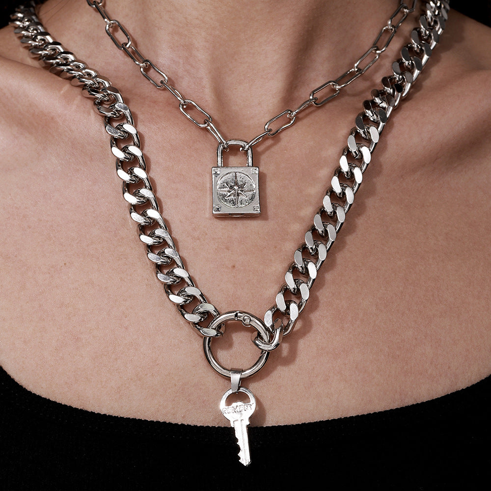 Vintage Punk Geometric Round Key Lock Pendant Handmade Iron Double Layer Cuban Link Cable Chain Necklace for Women